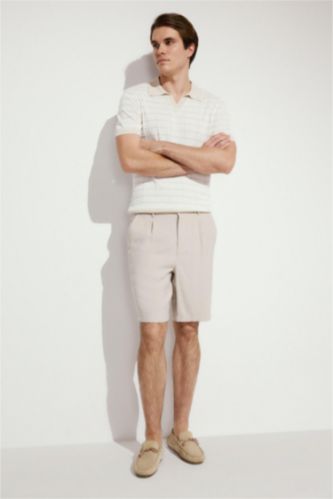 MAN Beige Melange Regular Fit Straight Leg Linen Blend Bermuda Shorts