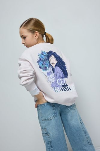 Kız Çocuk Oversize Geniş Kalıp Bisiklet Yaka Sırt Baskılı İçi Yumuşak Tüylü Sweatshirt