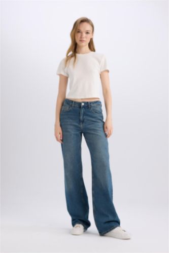 Straight Wide Yüksek Bel Uzun Jean Yıkamalı Pantolon