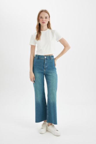 Culotte Yüksek Bel Kısa Geniş Paça Bilek Boy Jean Yıkamalı Pantolon