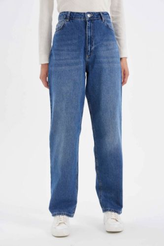 Baggy Fit Yüksek Bel Uzun Jean Yıkamalı Pantolon