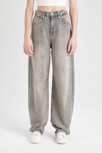 Baggy Fit Yüksek Bel Uzun Jean Yıkamalı Pantolon