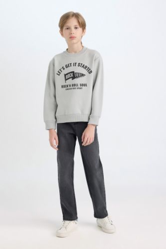 Erkek Çocuk Bisiklet Yaka Baskılı Kalın Sweatshirt