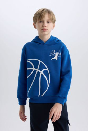 Erkek Çocuk Kapüşonlu Spor Baskılı Kalın Sweatshirt
