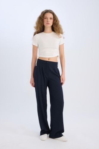 Wide Leg Kumaş Palazzo Pantolon Normal Bel Geniş Bol Paça Cepli Standart Boy