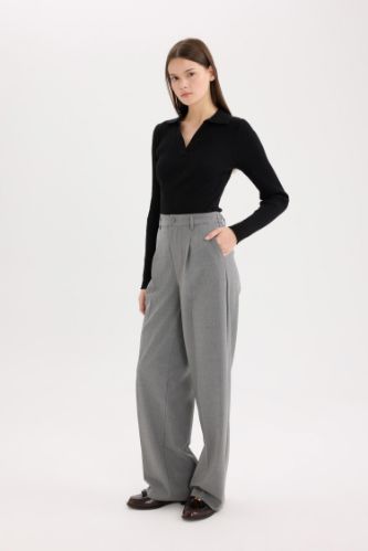 Klasik Kumaş Palazzo Pantolon Wide Leg Geniş Bol Paça Çift Cepli Yüksek Bel Standart Boy Basic Düz