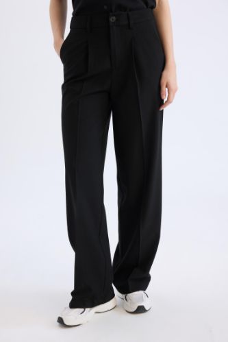 Wide Leg Klasik Kumaş Pantolon Basic Düz Geniş Bol Paça Çift Cepli Yüksek Bel Standart Boy