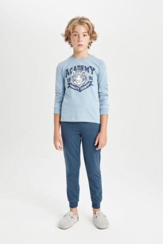 Erkek Çocuk Pijama Takımı Bisiklet Yaka Yazı Baskılı Uzun Kollu Üst Uzun Alt