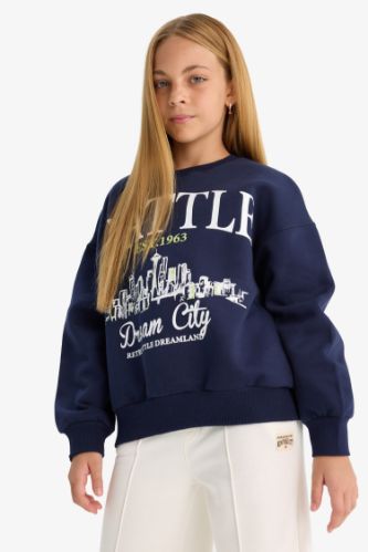 Kız Çocuk Relax Fit Bisiklet Yaka Baskılı Sweatshirt