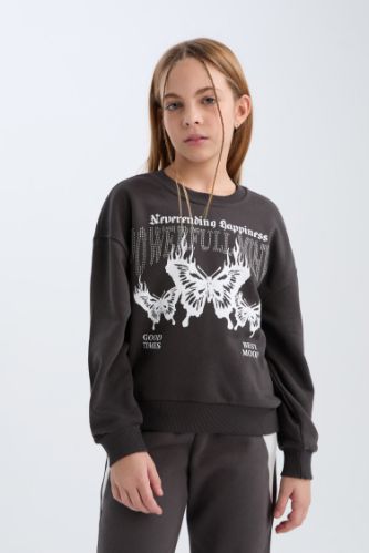 Kız Çocuk Oversize Geniş Kalıp Bisiklet Yaka Baskılı Sweatshirt