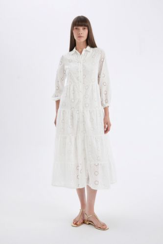 Shirt Collar Half Sleeve Maxi White Dress