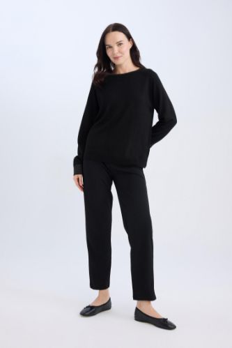 Pantolon Straight Fit Lastikli Bel Piliseli Basic Düz