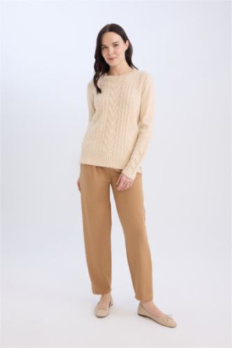 Kadın Açık Camel Pantolon Straight Fit Lastikli Bel Piliseli Basıc