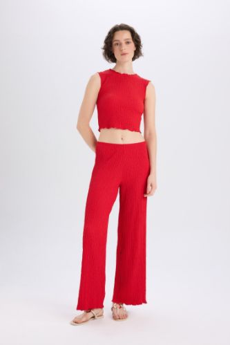 Regular Fit Beli Lastikli Basic Düz Bürümcük Pantolon