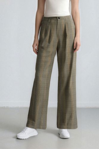 Wide Leg Klasik Kumaş Pantolon Geniş Bol Paça Kareli Çift Cepli Yüksek Bel Piliseli Standart Boy
