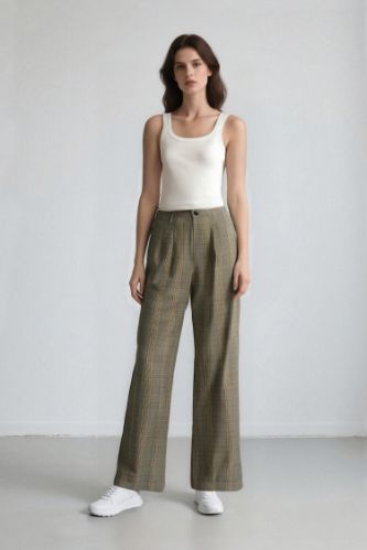 Wide Leg Klasik Kumaş Pantolon Geniş Bol Paça Kareli Çift Cepli Yüksek Bel Piliseli Standart Boy