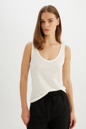 Regular Fit U Yaka Keten Karışımlı Basic Düz Atlet