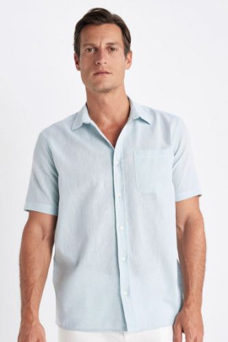 Regular Fit Yazlık Polo Yaka Keten Karışımlı Basic Düz Kısa Kollu Gömlek