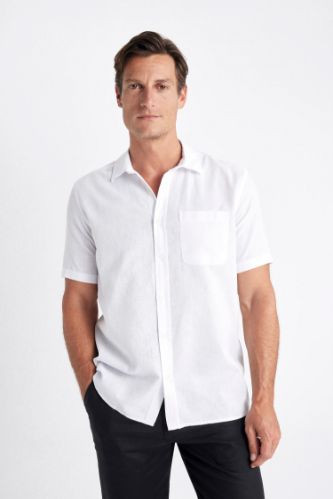 Regular Fit Yazlık Keten Karışımlı Polo Yaka Kısa Kollu Beyaz Gömlek