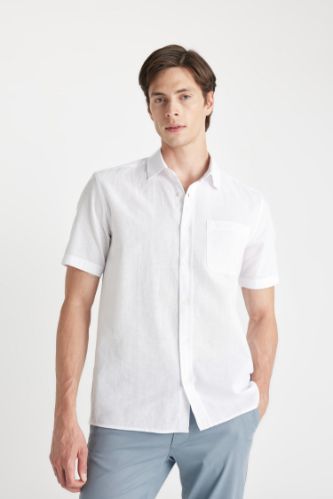 Regular Fit Yazlık Keten Karışımlı Polo Yaka Kısa Kollu Beyaz Gömlek