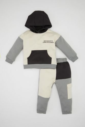 Erkek Bebek 2'li Takım Kapüşonlu Baskılı Kanguru Cepli Sweatshirt Üst Beli Lastikli Jogger Eşofman Altı
