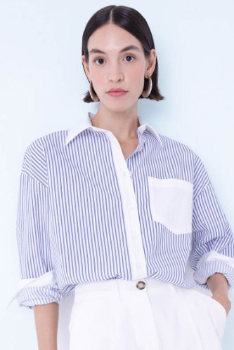 Oversize Geniş Kalıp Çizgili Cepli Düğmeli Poplin Uzun Kollu Gömlek