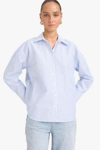 Oversize Geniş Kalıp Çizgili Oxford Uzun Kollu Gömlek