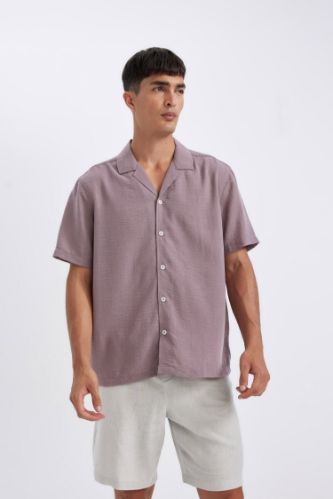 Relax Fit Polo Yaka Keten Görünümlü Basic Düz Kısa Kollu Gömlek