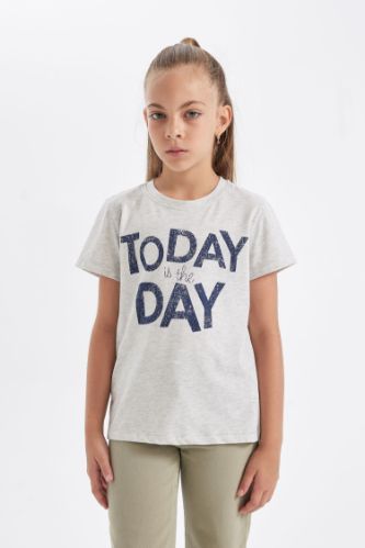 Girl Slim Fit Crew Neck Slogan Printed T-Shirt