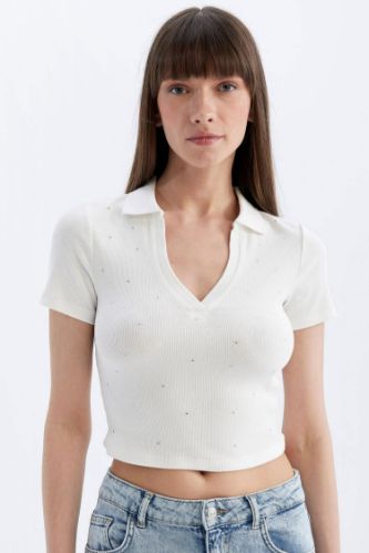 Slim Fit Dar Kesim Fitilli Kaşkorse Kısa Kollu Polo Tişört