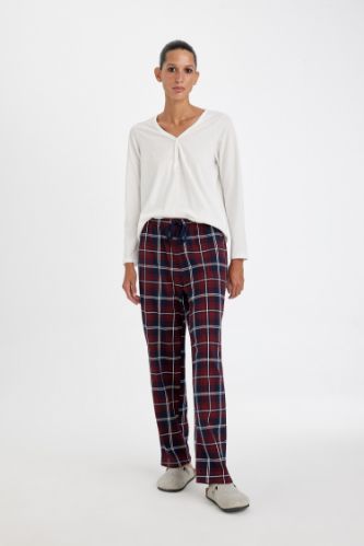 Pijama Takımı V Yaka Uzun Kollu Basic Düz Üst Kareli Beli Lastikli Alt-Fall in Love
