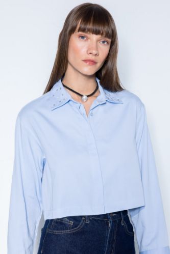 Crop Basic Düz Düğmeli Dokuma Uzun Kollu Gömlek
