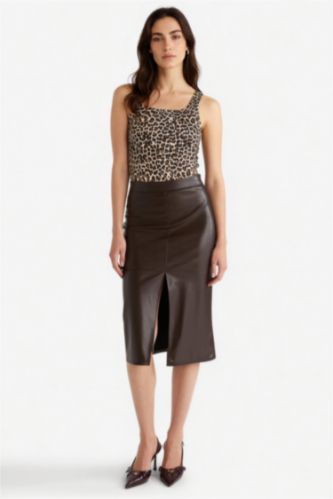 Woman Brown Pencil High Waist Cotton Lined Faux Leather Midi Skirt