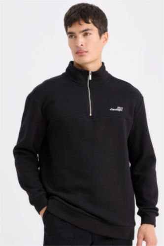 Relax Fit Dik Yaka Fermuarlı Baskılı Kalın Sweatshirt