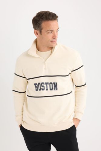 Relax Fit Dik Yaka Fermuarlı Baskılı Kalın Sweatshirt