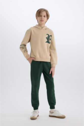 Erkek Çocuk - Genç Erkek Bej Erkek Çocuk 2'li Takım Kapüşonlu Baskılı Sweatshirt Eşofman Altı