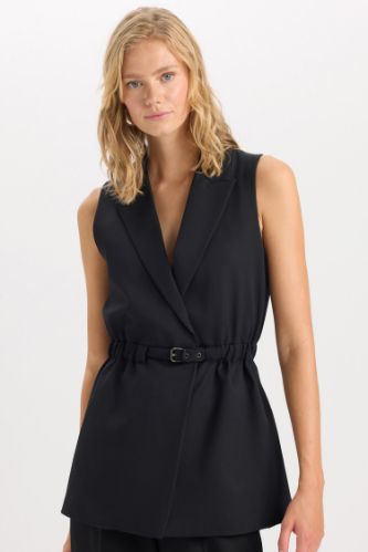 Ceket Yaka Basic Düz Kemerli Kolsuz Blazer Yelek