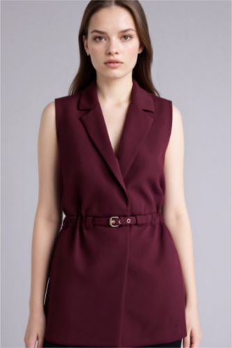Woman Bordeaux Slim Fit Jacket Collar Vest