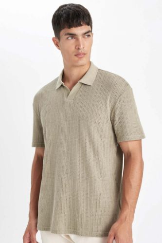 Regular Fit Kısa Kollu Dokulu Triko Polo Tişört