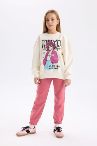 Kız Çocuk 2'li Takım Baskılı Sweatshirt Beli Lastikli Eşofman Altı