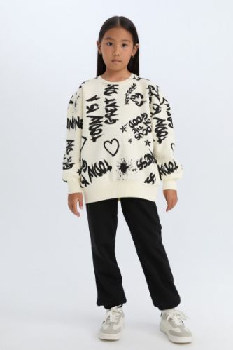 Kız Çocuk 2'li Takım Desenli Kalın Bisiklet Yaka Sweatshirt Beli Lastikli Eşofman Altı