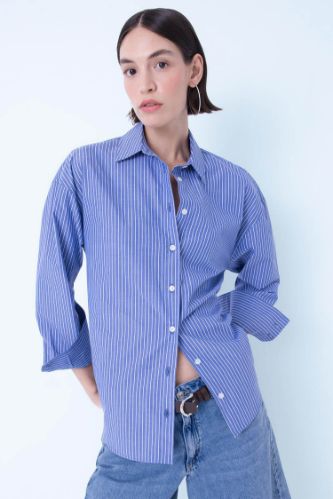 Oversize Geniş Kalıp Çizgili Poplin Uzun Kollu Gömlek