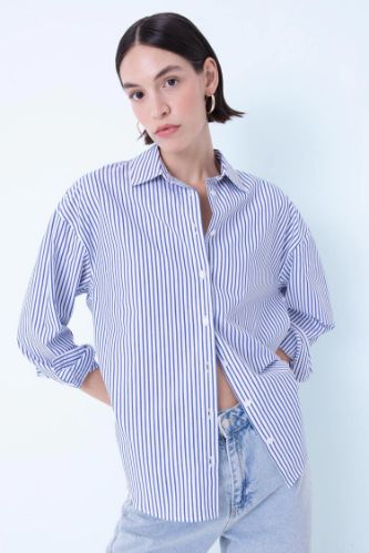 Oversize Geniş Kalıp Çizgili Poplin Uzun Kollu Gömlek