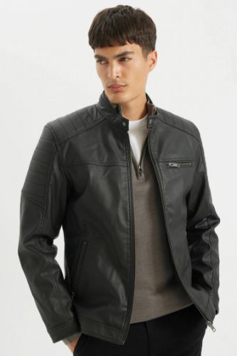 Slim Fit Suni Deri Mont Ceket Dar Kesim Dik Yaka Fermuarlı Cepli Mevsimlik