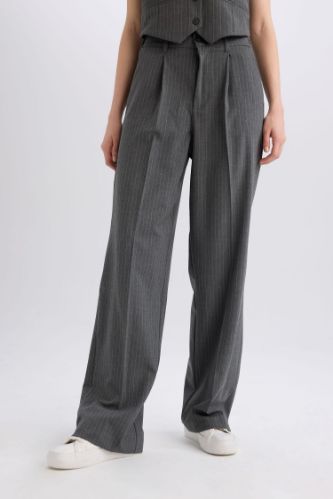 Wide Leg Kumaş Pantolon Çift Cepli Normal Bel Standart Boy Geniş Bol Paça