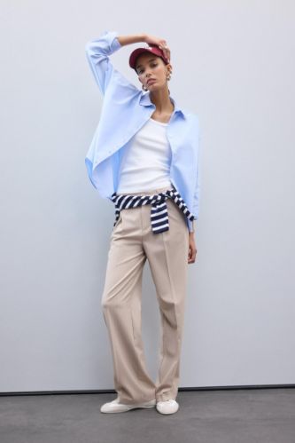 Wide Leg Kumaş Palazzo Pantolon Çift Cepli Normal Bel Standart Boy