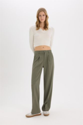 Darted Regular Waist Wide Leg Classic Fabric Trousers