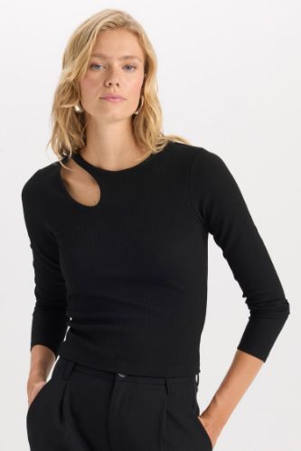 Slim Fit Dar Kesim Bisiklet Yaka Basic Düz Simli Kumaş Uzun Kollu Tişört