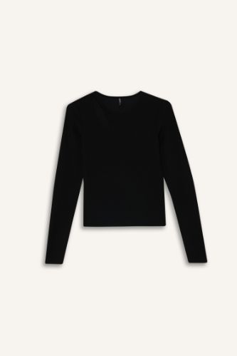 Slim Fit Dar Kesim Bisiklet Yaka Basic Düz Simli Kumaş Uzun Kollu Tişört