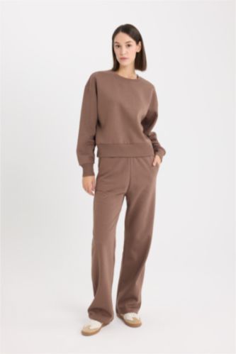 FEMME Marron Pantalon droit en tissu de sweat épais avec poches